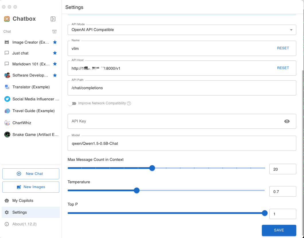 Chatbox settings screen