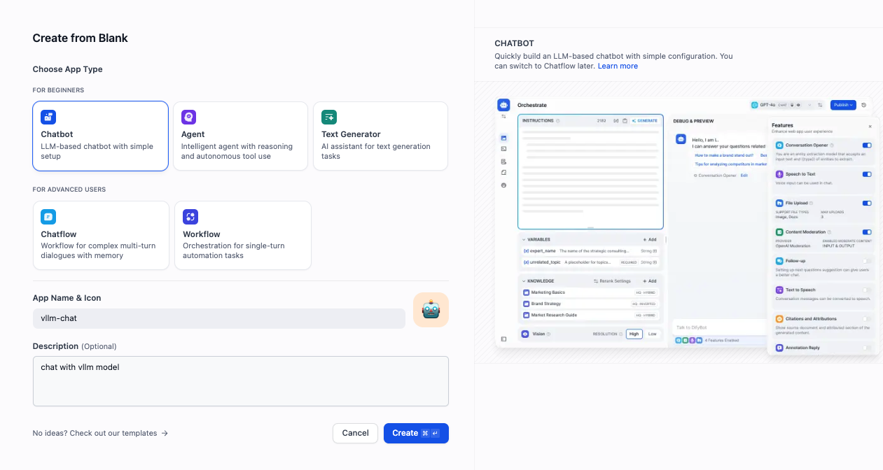 Dify create chatbot screen